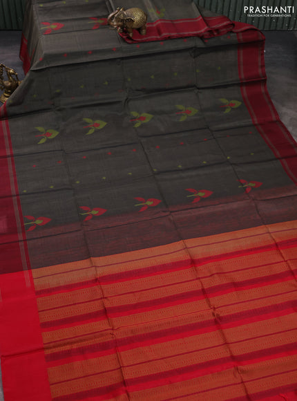 Kora silk cotton saree grey and maroon with thread woven buttas and retta[pet thread woven border