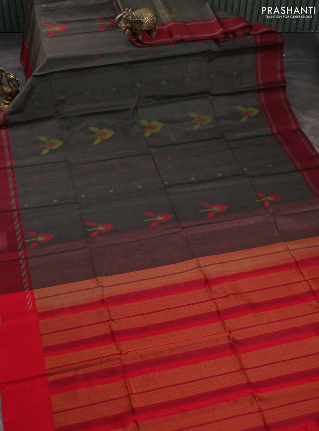 Kora silk cotton saree grey and maroon with thread woven buttas and retta[pet thread woven border