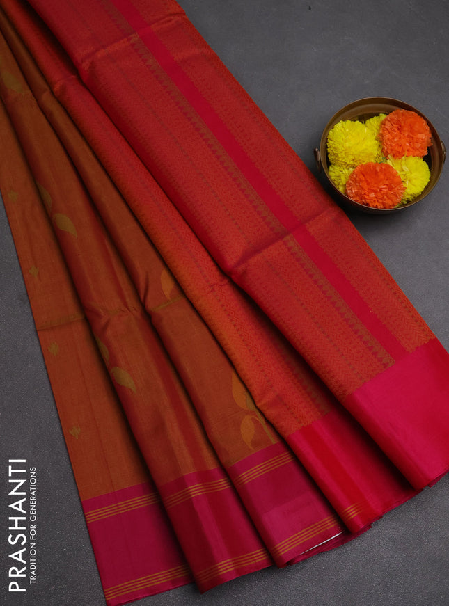 Kora silk cotton saree dark mustard and pink with thread woven buttas and retta[pet thread woven border