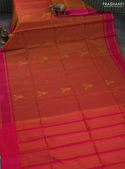 Kora silk cotton saree dark mustard and pink with thread woven buttas and retta[pet thread woven border