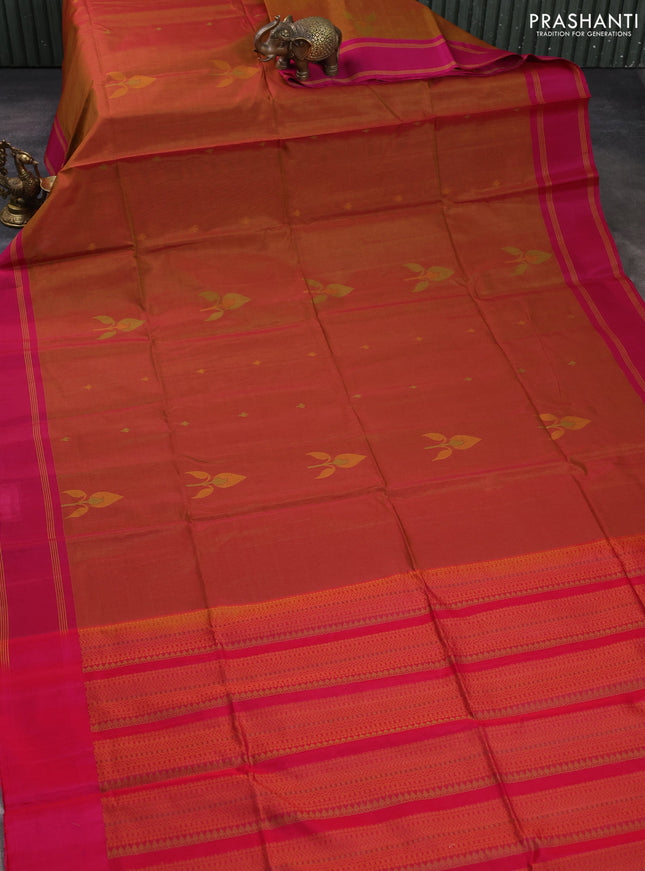 Kora silk cotton saree dark mustard and pink with thread woven buttas and retta[pet thread woven border