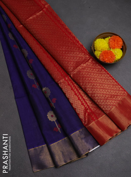 Kora silk cotton saree violet and red with thread & zari woven buttas and zari woven border