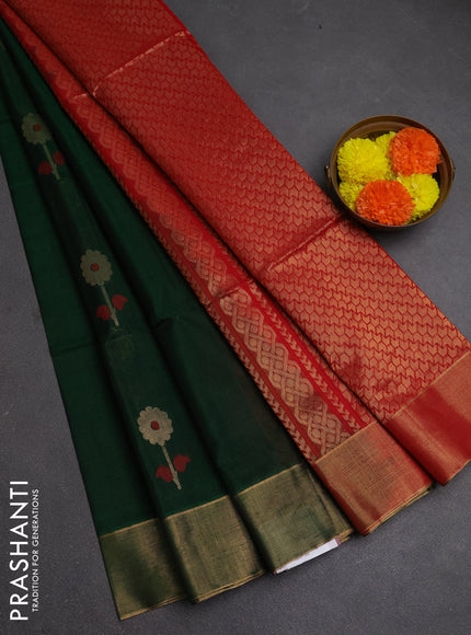 Kora silk cotton saree bottle green and red with thread & zari woven buttas and zari woven border