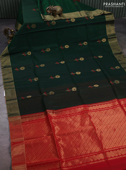 Kora silk cotton saree bottle green and red with thread & zari woven buttas and zari woven border