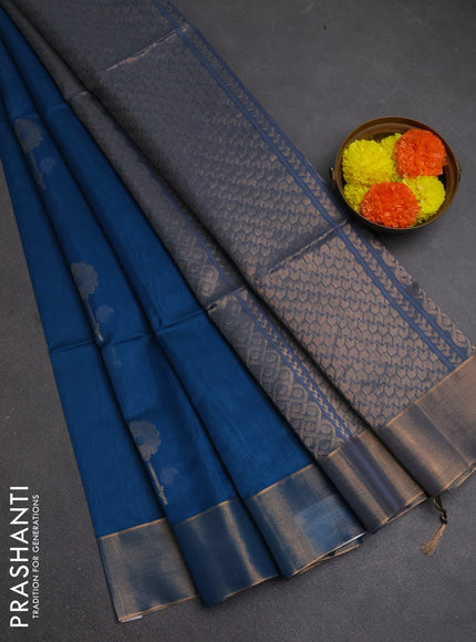 Kora silk cotton saree peacock blue and grey with thread & zari woven buttas and zari woven border