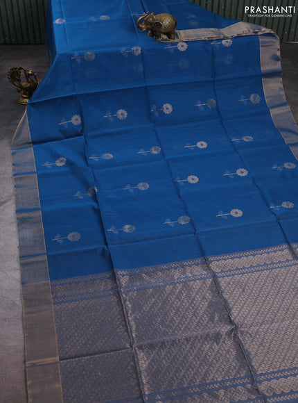 Kora silk cotton saree peacock blue and grey with thread & zari woven buttas and zari woven border