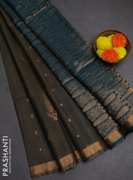 Kora silk cotton saree grey and peacock green with zari woven buttas and small zari woven border