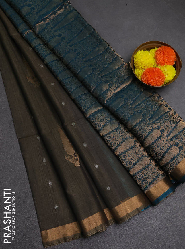 Kora silk cotton saree grey and peacock green with zari woven buttas and small zari woven border