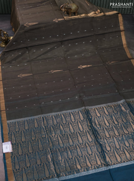 Kora silk cotton saree grey and peacock green with zari woven buttas and small zari woven border
