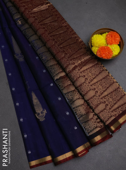 Kora silk cotton saree blue and maroon with zari woven buttas and small zari woven border