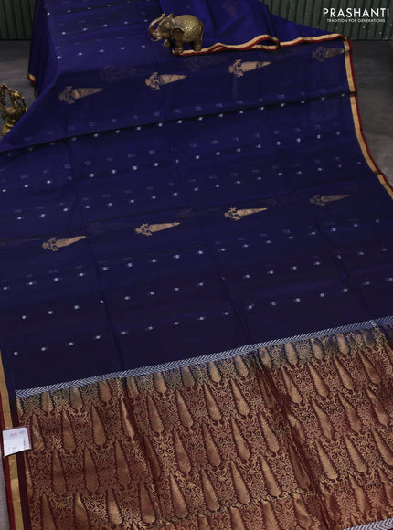 Kora silk cotton saree blue and maroon with zari woven buttas and small zari woven border