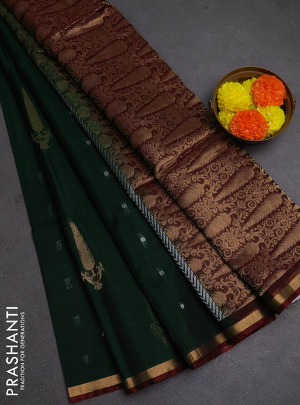 Kora silk cotton saree bottle green and maroon with zari woven buttas and small zari woven border
