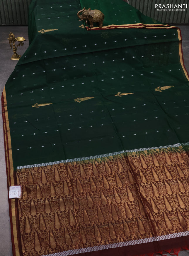 Kora silk cotton saree bottle green and maroon with zari woven buttas and small zari woven border