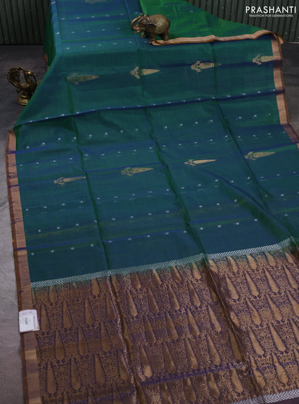 Kora silk cotton saree dual shade of green and dual shade of mustard with zari woven buttas and small zari woven border