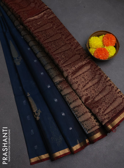 Kora silk cotton saree peacock blue and maroon with zari woven buttas and small zari woven border