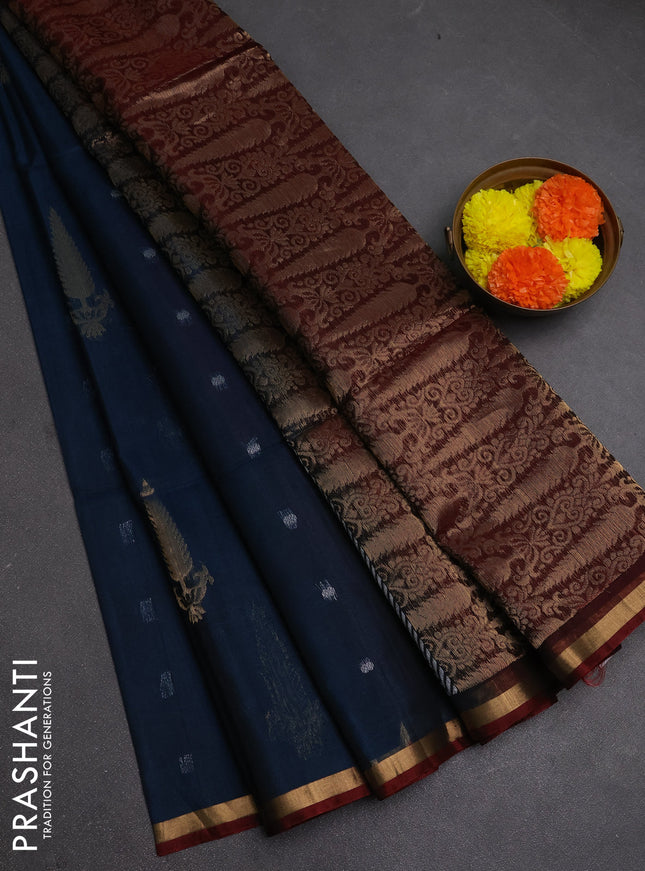 Kora silk cotton saree peacock blue and maroon with zari woven buttas and small zari woven border