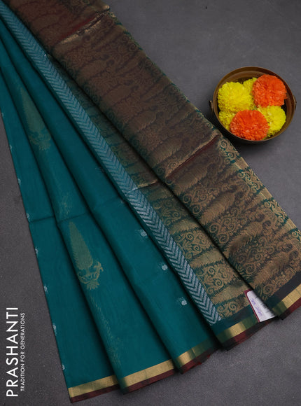 Kora silk cotton saree teal green and maroon with zari woven buttas and small zari woven border