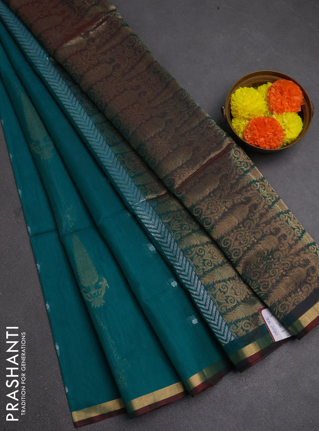 Kora silk cotton saree teal green and maroon with zari woven buttas and small zari woven border