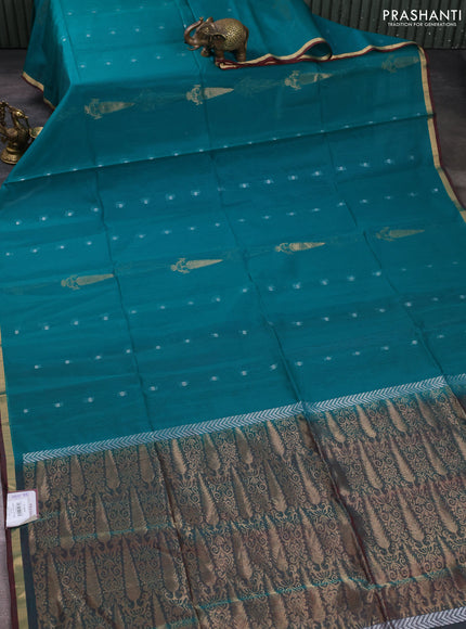 Kora silk cotton saree teal green and maroon with zari woven buttas and small zari woven border