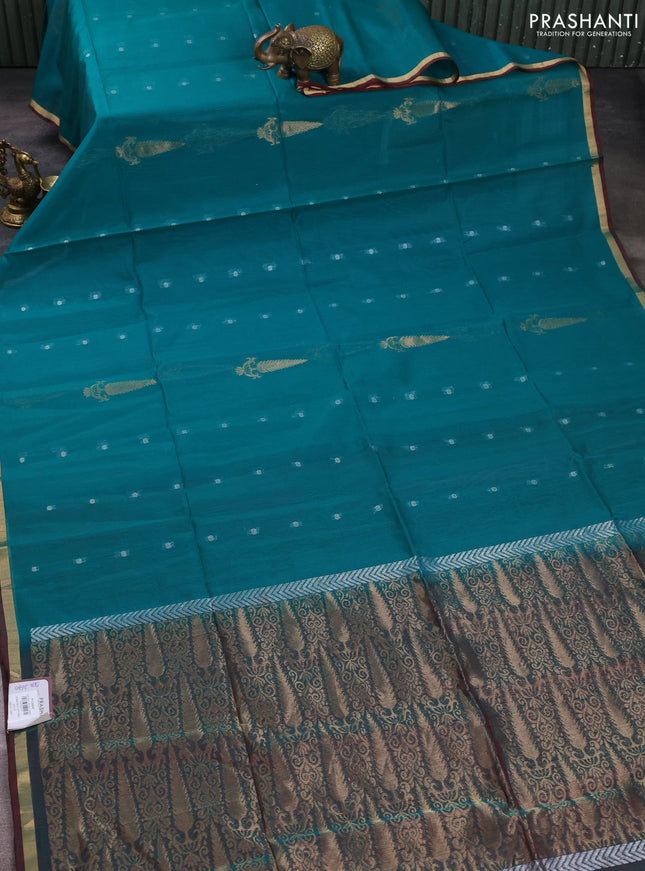 Kora silk cotton saree teal green and maroon with zari woven buttas and small zari woven border