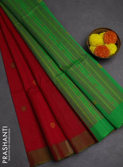 Kora silk cotton saree red and green with allover thread woven buttas and simple border