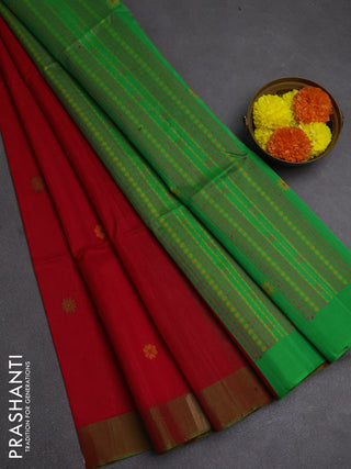 Kora silk cotton saree red and green with allover thread woven buttas and simple border
