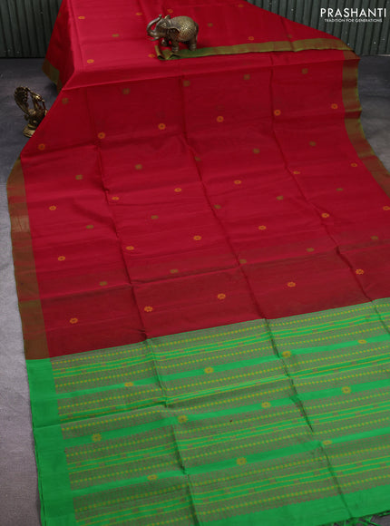 Kora silk cotton saree red and green with allover thread woven buttas and simple border