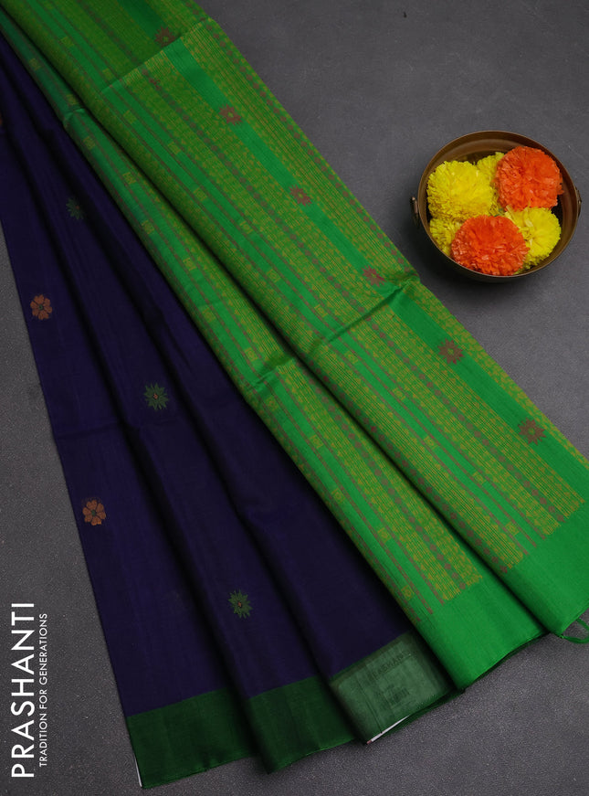 Kora silk cotton saree violet and green with allover thread woven buttas and simple border