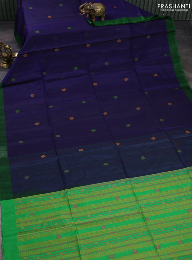 Kora silk cotton saree violet and green with allover thread woven buttas and simple border