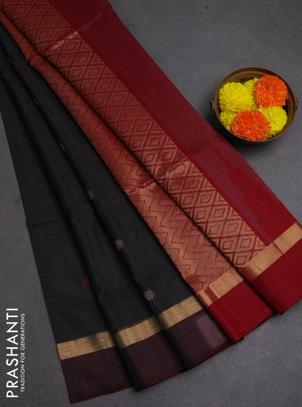 Kora silk cotton saree black and maroon with allover thread & zari woven buttas and zari woven simple border