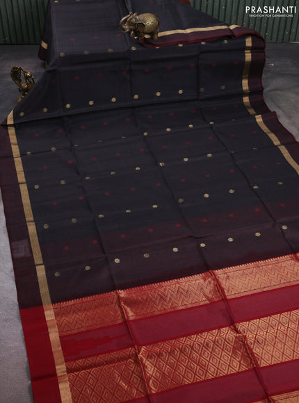 Kora silk cotton saree black and maroon with allover thread & zari woven buttas and zari woven simple border