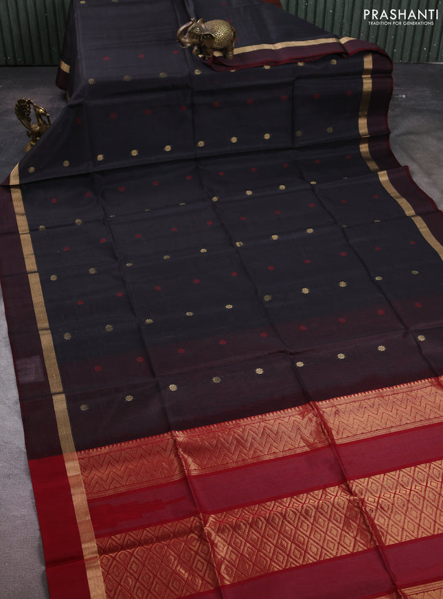 Kora silk cotton saree black and maroon with allover thread & zari woven buttas and zari woven simple border