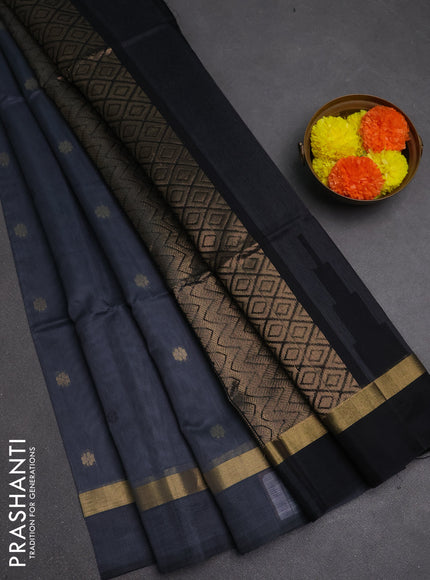 Kora silk cotton saree grey and black with allover thread & zari woven buttas and zari woven simple border