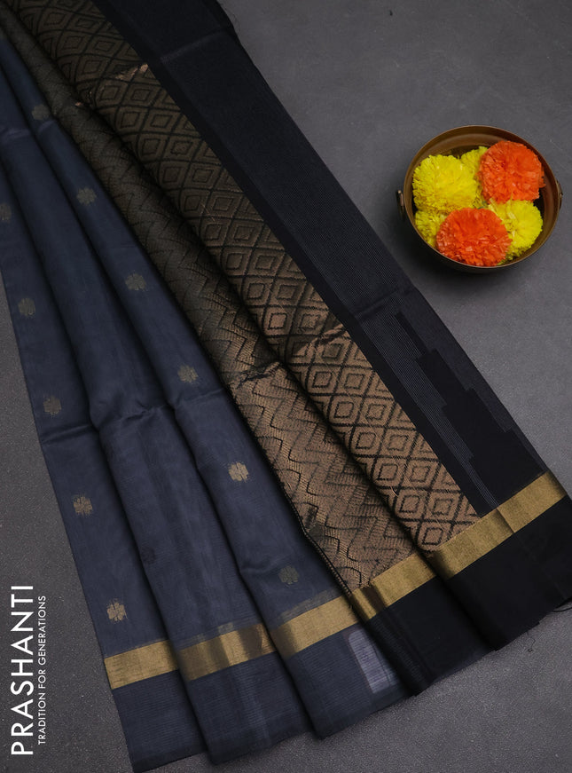 Kora silk cotton saree grey and black with allover thread & zari woven buttas and zari woven simple border