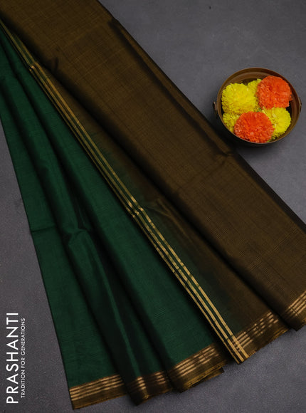 Kora silk cotton saree bottle green and dark mustard with plain body and small zari woven border