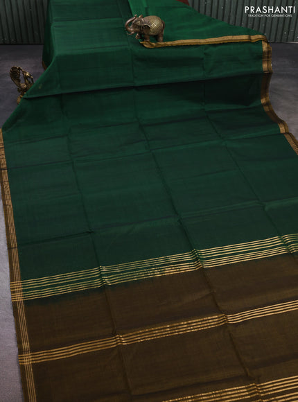 Kora silk cotton saree bottle green and dark mustard with plain body and small zari woven border