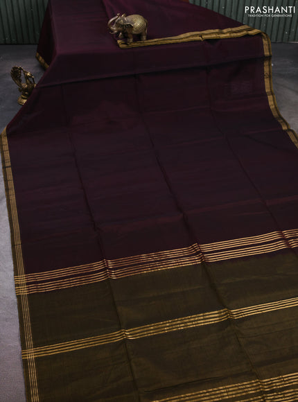 Kora silk cotton saree wine shade and dark mustard with plain body and small zari woven border