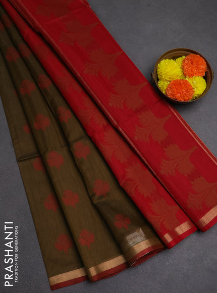 Kora silk cotton saree mehendi green and red with allover thread & zari woven buttas and small zari woven border