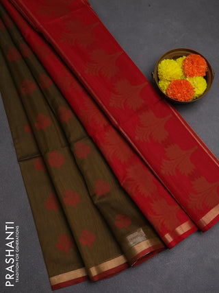 Kora silk cotton saree mehendi green and red with allover thread & zari woven buttas and small zari woven border