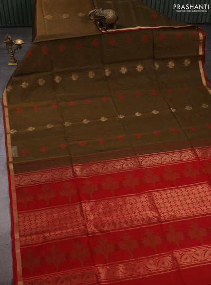 Kora silk cotton saree mehendi green and red with allover thread & zari woven buttas and small zari woven border
