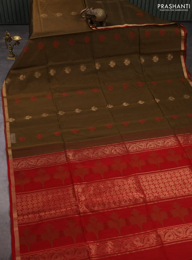 Kora silk cotton saree mehendi green and red with allover thread & zari woven buttas and small zari woven border