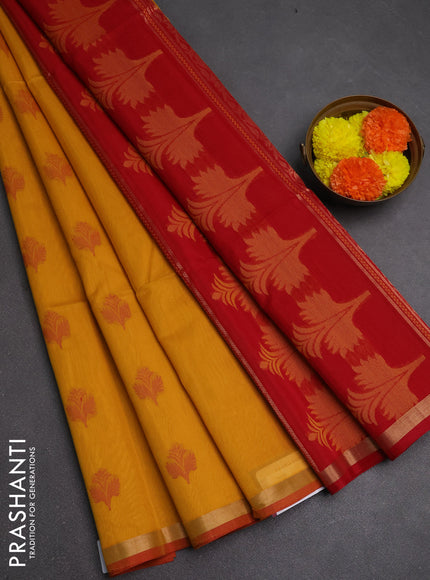 Kora silk cotton saree mustard yellow and red with allover thread & zari woven buttas and small zari woven border