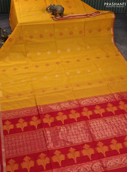 Kora silk cotton saree mustard yellow and red with allover thread & zari woven buttas and small zari woven border