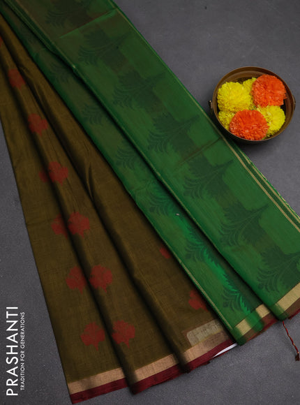Kora silk cotton saree dark mehendi green and green with allover thread & zari woven buttas and small zari woven border