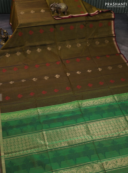 Kora silk cotton saree dark mehendi green and green with allover thread & zari woven buttas and small zari woven border
