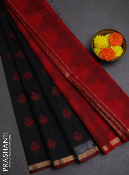 Kora silk cotton saree black and maroon with allover thread & zari woven buttas and small zari woven border
