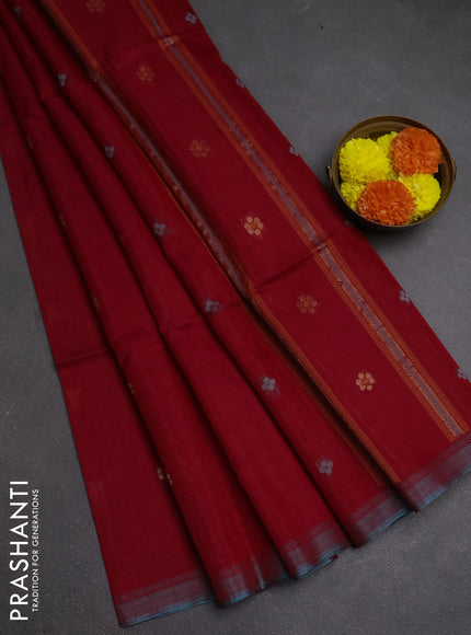 Kora silk cotton saree maroon and teal blue with allover thread & zari woven buttas and simple border