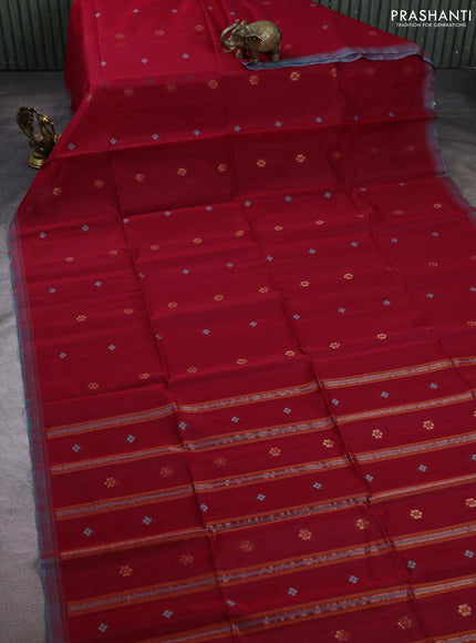 Kora silk cotton saree maroon and teal blue with allover thread & zari woven buttas and simple border