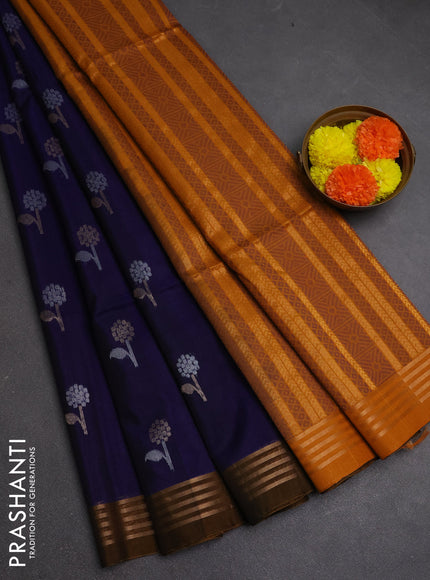Kora silk cotton saree navy blue and orange with allover silver & zari woven buttas and zari woven border