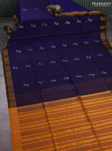 Kora silk cotton saree navy blue and orange with allover silver & zari woven buttas and zari woven border